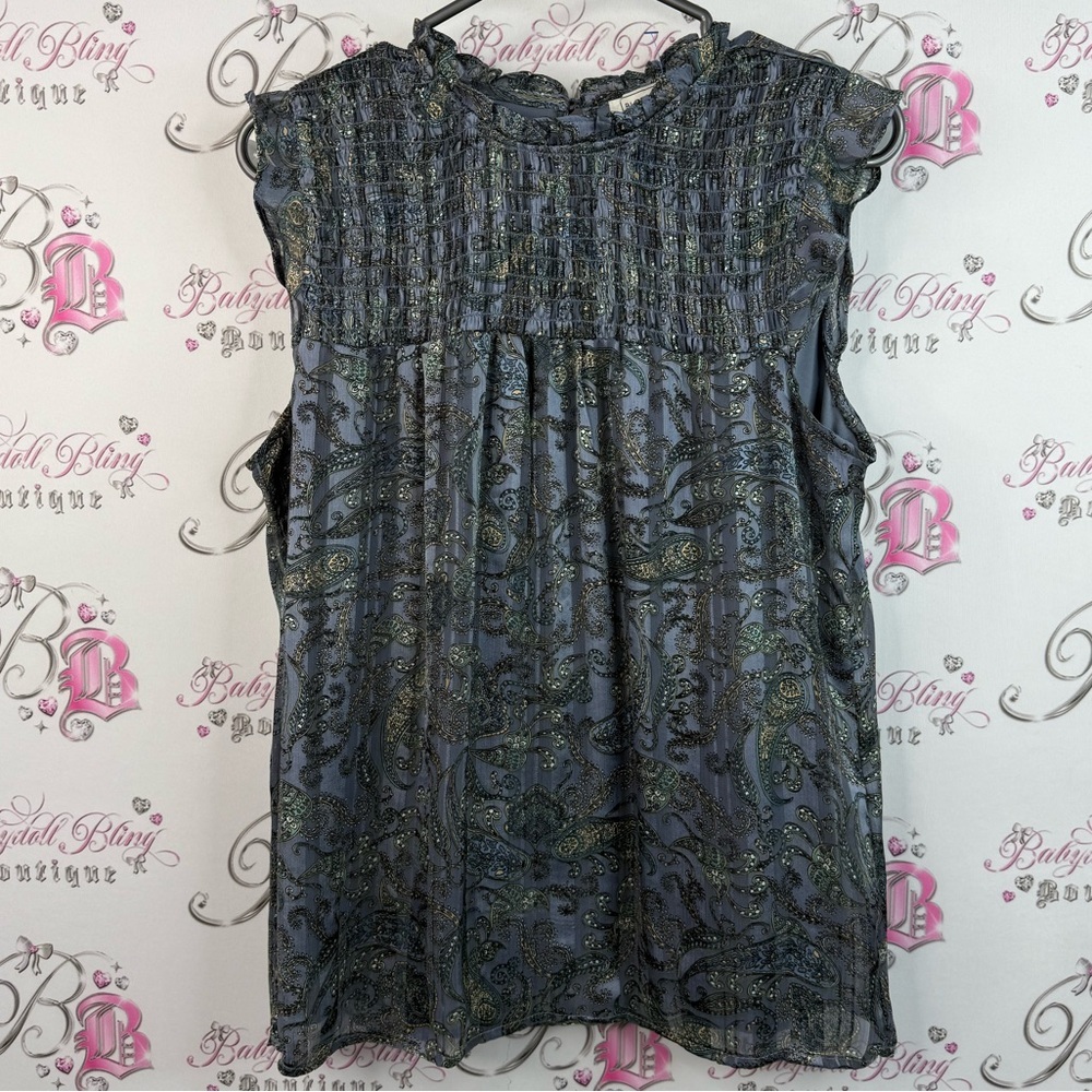 Blousology tank top blouse pleated ruffles frilly Chic Paisley Gray Blouse